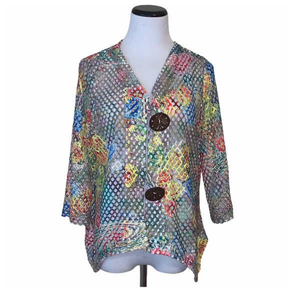 Nina Leonard Sweaters - Nina Leonard rainbow floral coconut button sweater